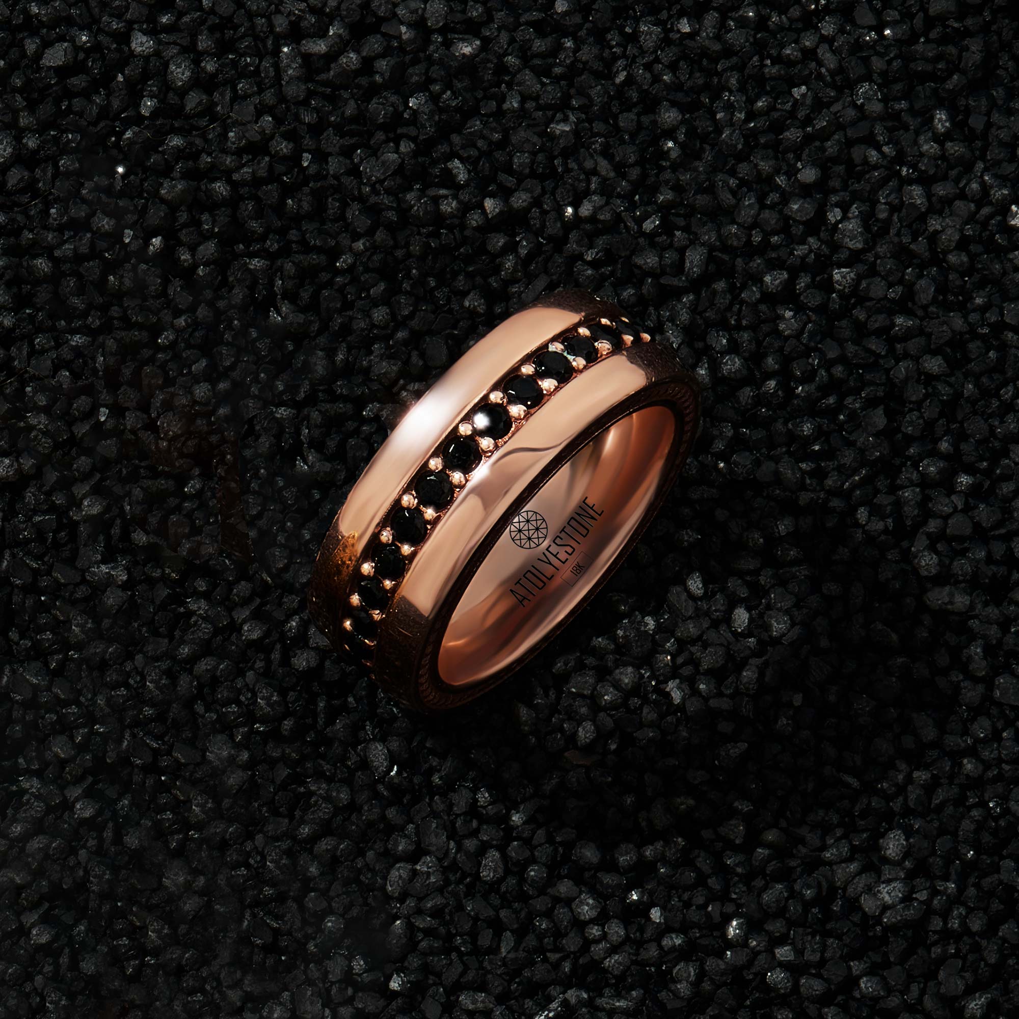 8,5 mm Taşlı Erkek Altın Alyans Yüzük - Rose Altın Siyah Pırlanta