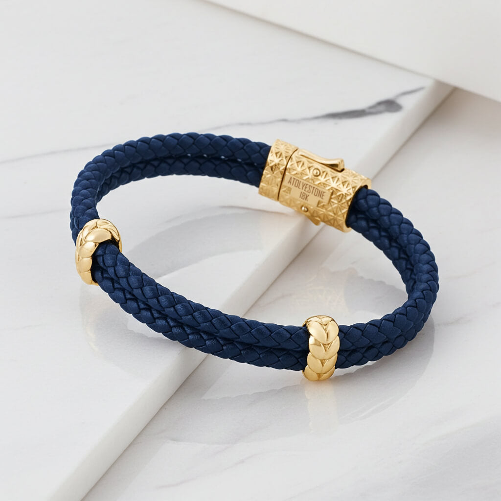 Erkek için 14 Ayar Sarı Altın Atolyestone Elements Deri Bileklik