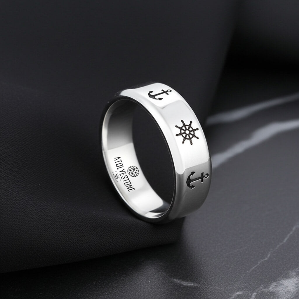 Erkek için 925 Ayar Saf Gümüş Çapa Alyans Yüzük