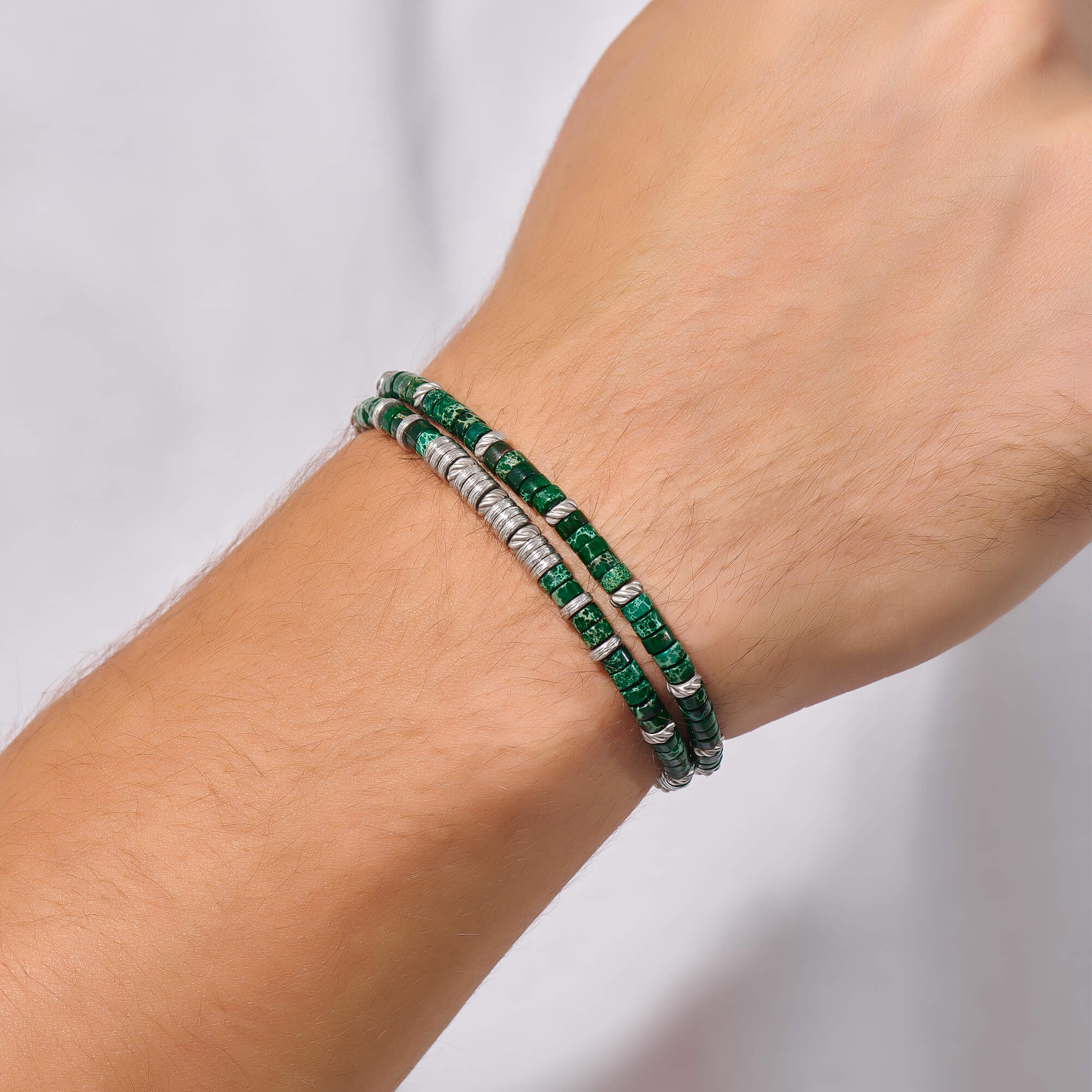 Erkek için Çift Sıra 925 Ayar Gümüş Heishi Dğal Taşlı Bilekilk