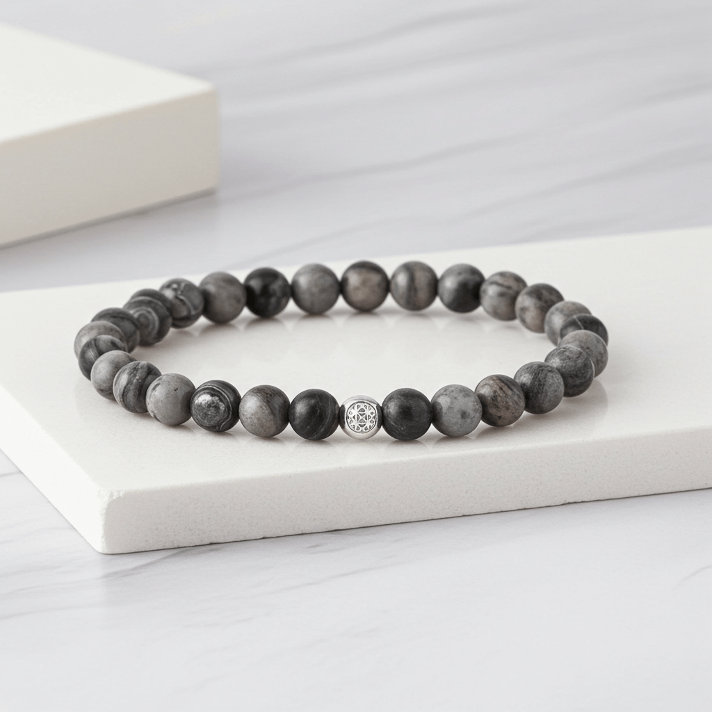 Erkek için Gri Jasper Doğal Taşlı Bileklik - 925 Ayar Gümüş