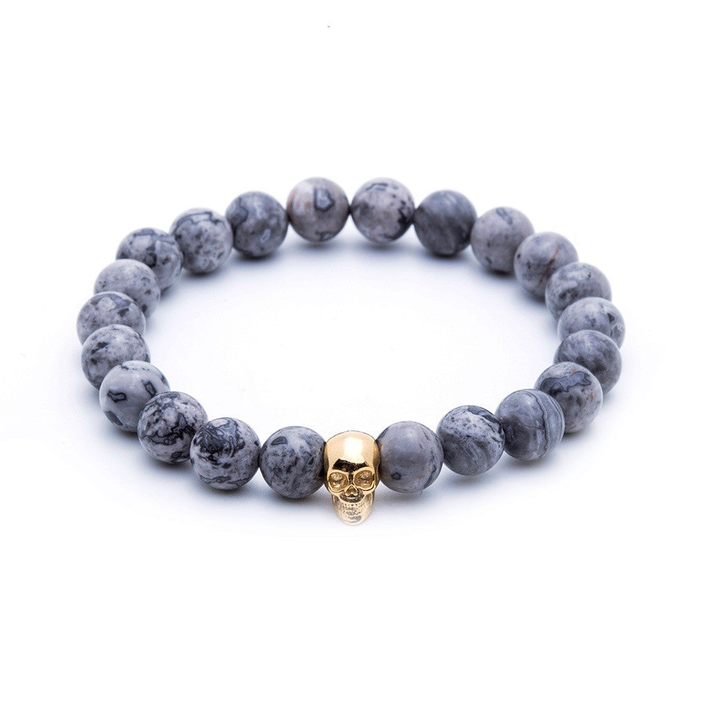 Kuru Kafa Bileklik - Gri Jasper - Skull Bracelet - Atolyestone Türkiye