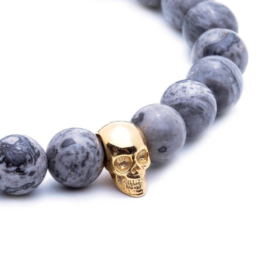Kuru Kafa Bileklik - Gri Jasper - Skull Bracelet - Atolyestone Türkiye
