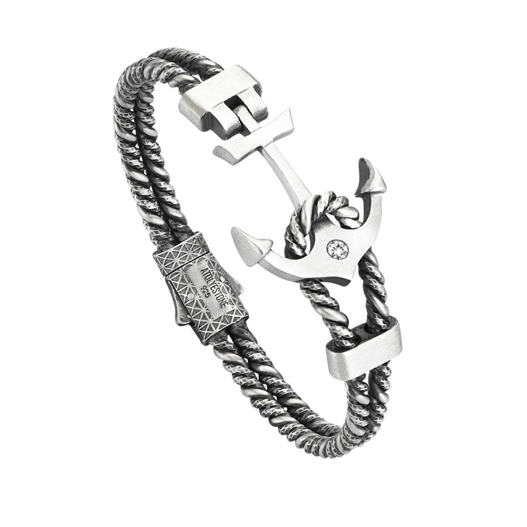 Eskitme Halat Taşlı Çapa Bileklik - Gümüş