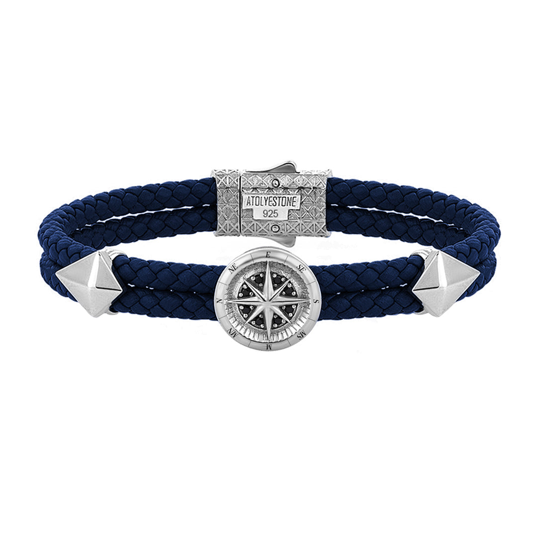 Pusula Deri Bileklik - Lacivert Deri - Gümüş