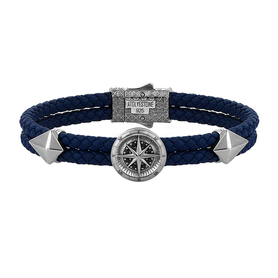 Pusula Deri Bileklik - Mavi Deri - Gunmetal