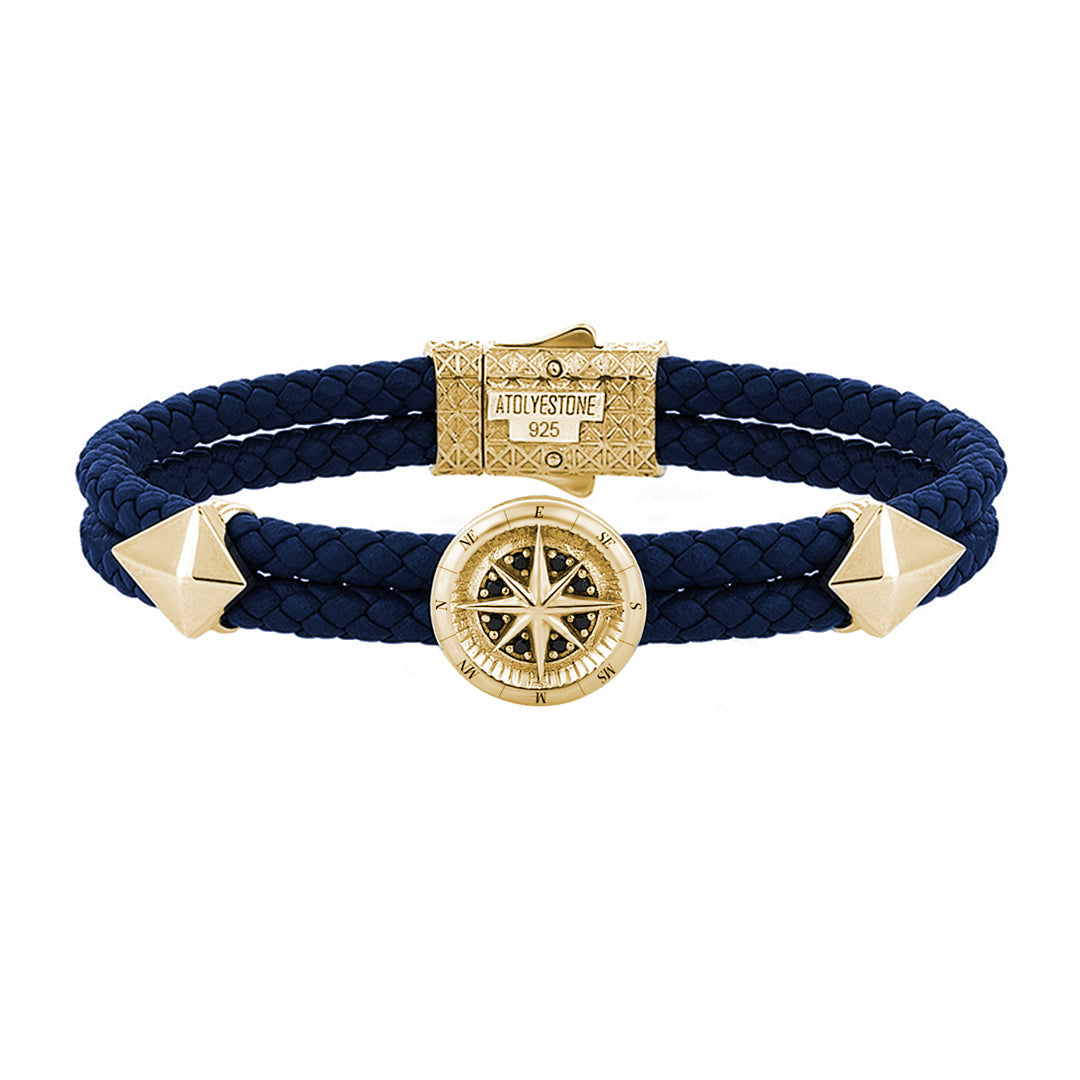 Pusula Deri Bileklik - Lacivert Deri - Sarı Altın