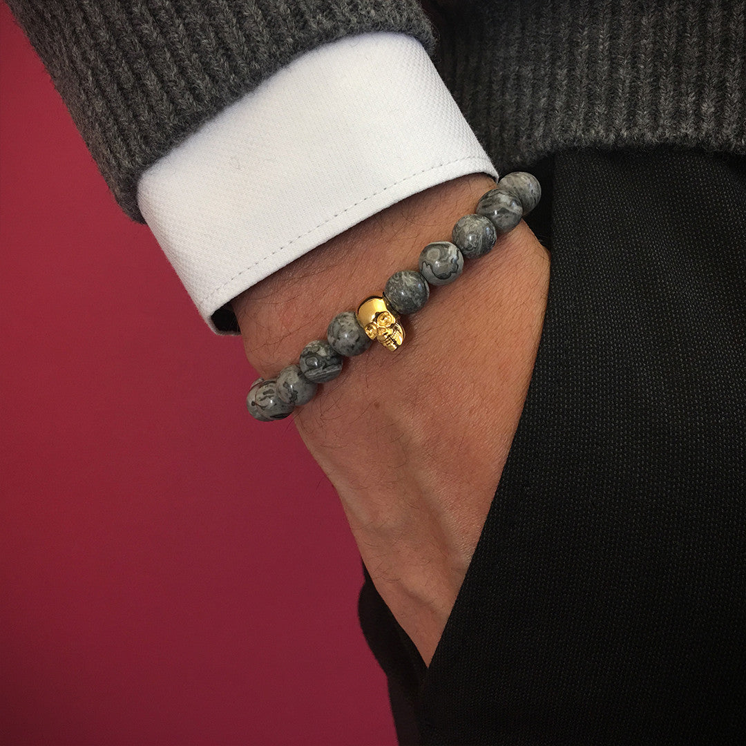 Kuru Kafa Bileklik - Gri Jasper - Skull Bracelet - Atolyestone Türkiye