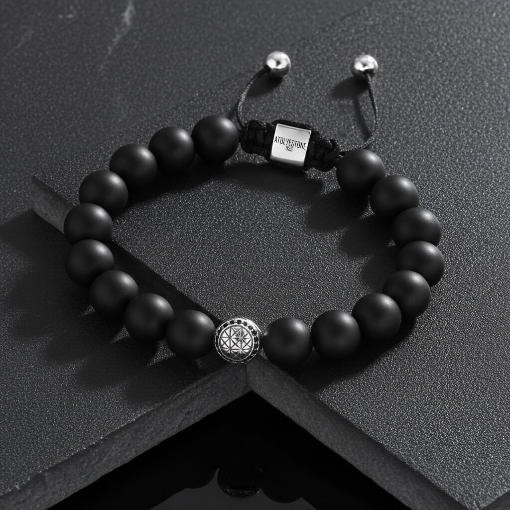 Erkek için Mat Oniks Doğal Taşlı  Atolyestone Makrome Bileklik