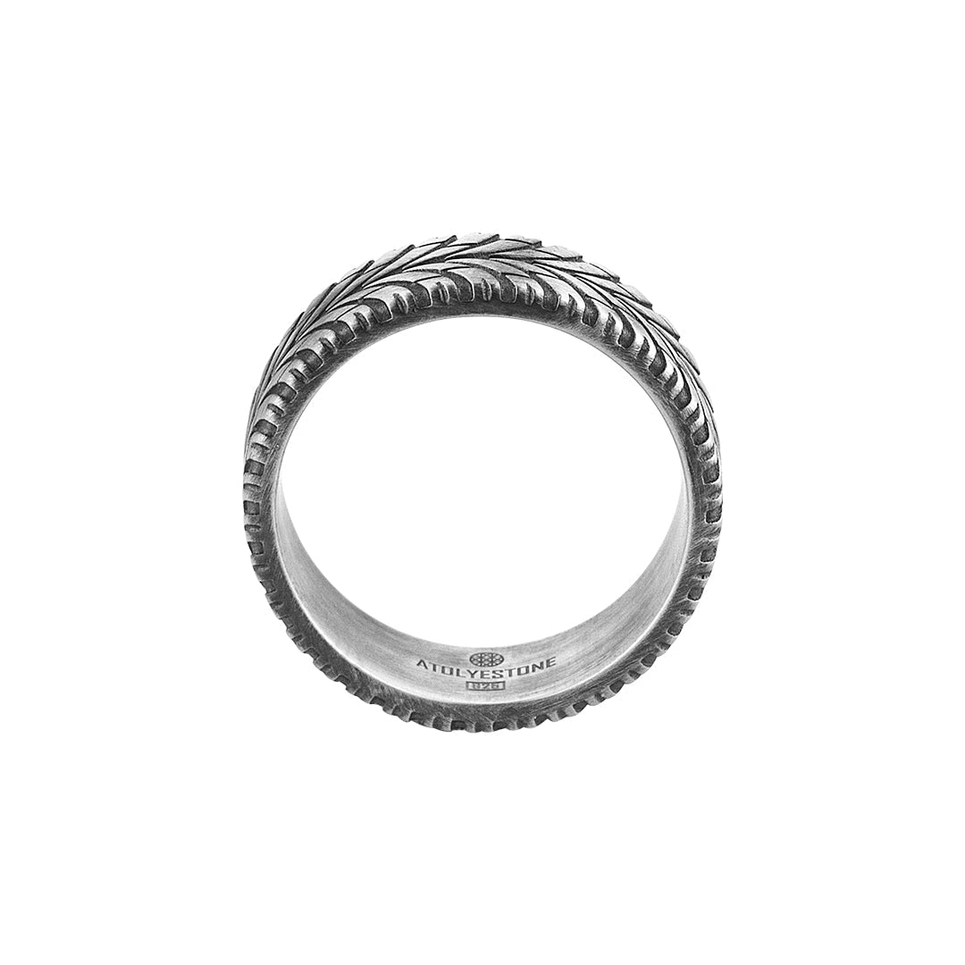 Eskitilmiş Gümüş Motorcu Lastik Detaylı Band Yüzük - 925 Ayar